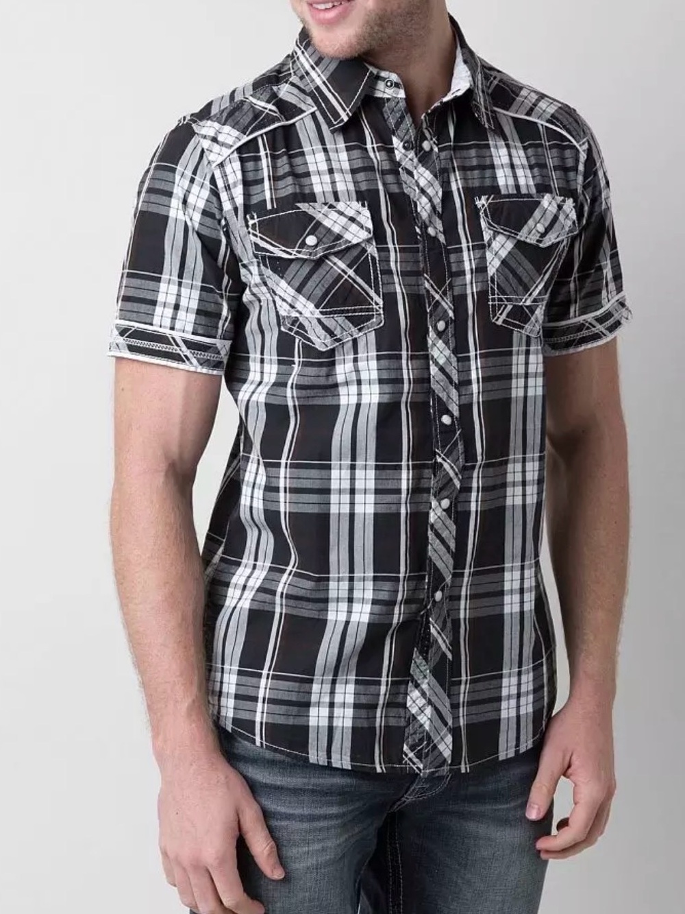 BKE The Buckle The Pecos Western Plaid Shirt Sz XL Athletic Fit Black Gray